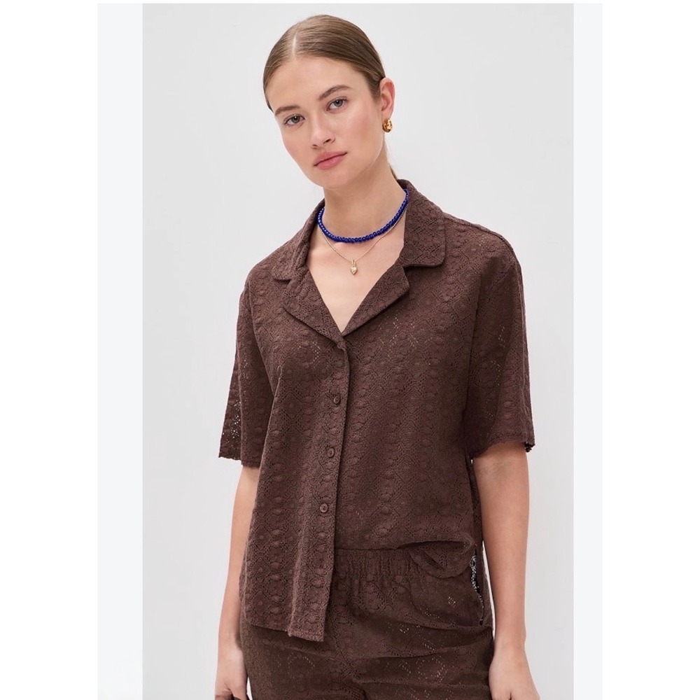 Free People Brown Textured Eyelet Cotton Button Down Shirt oversized XS